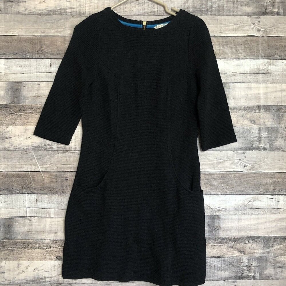 Boden SIZE 4R Black Ribbed 3/4 Sleeve Knee Length Pocketed Dress